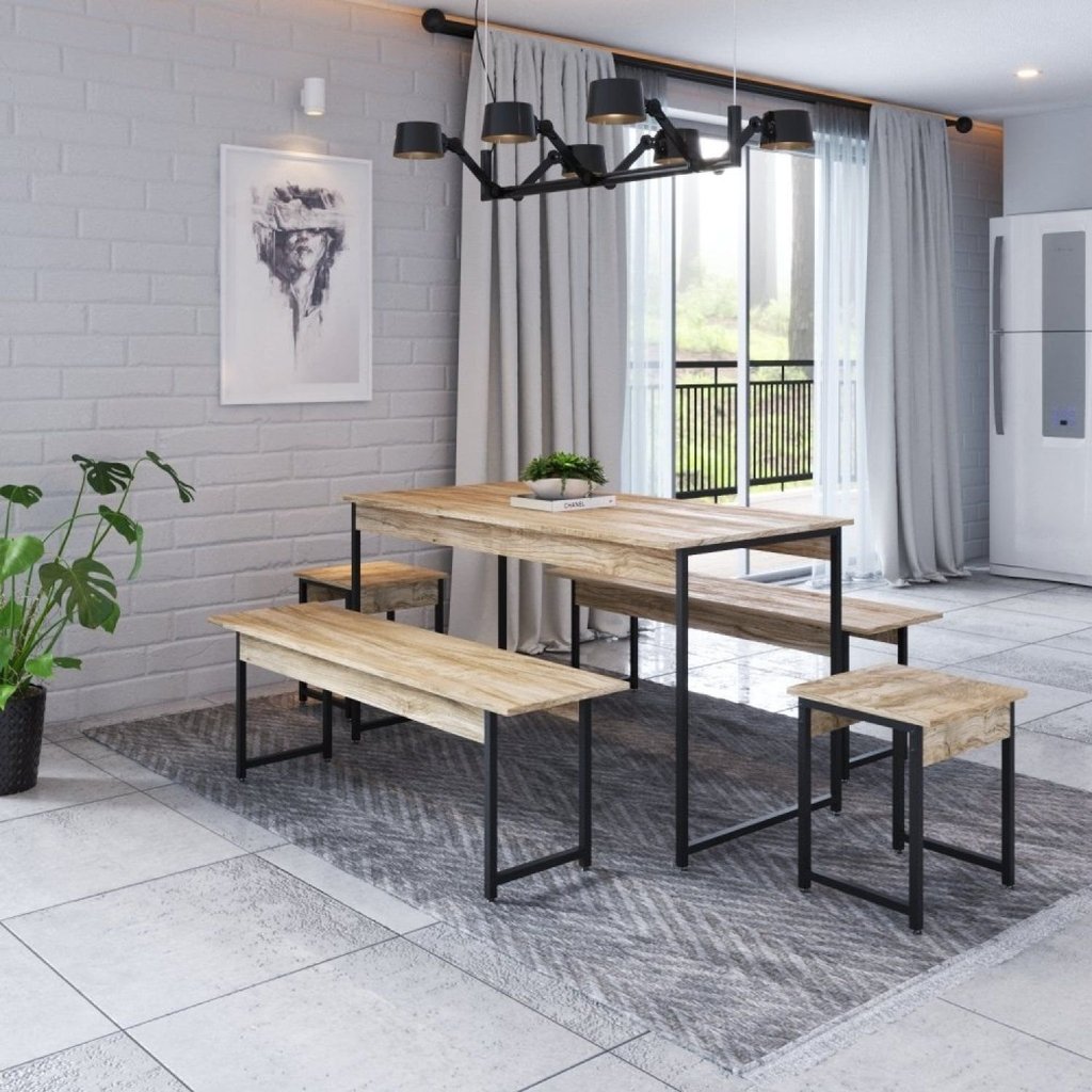 Conjunto Mesa Jantar 6 Lugares Industrial 2 Bancos 2 Banquetas Aço Active Carvalho Yescasa Carvalho