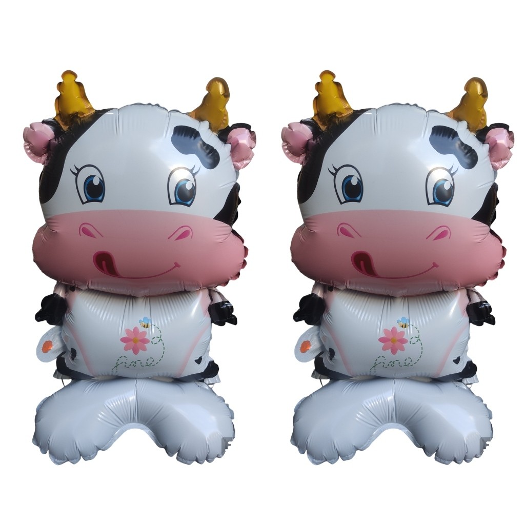 5 Balão Metalizado Fazendinha Animal Vaca c/ Chifre Com Base 57cm Festa Decoração Enfeite Lembrancinha