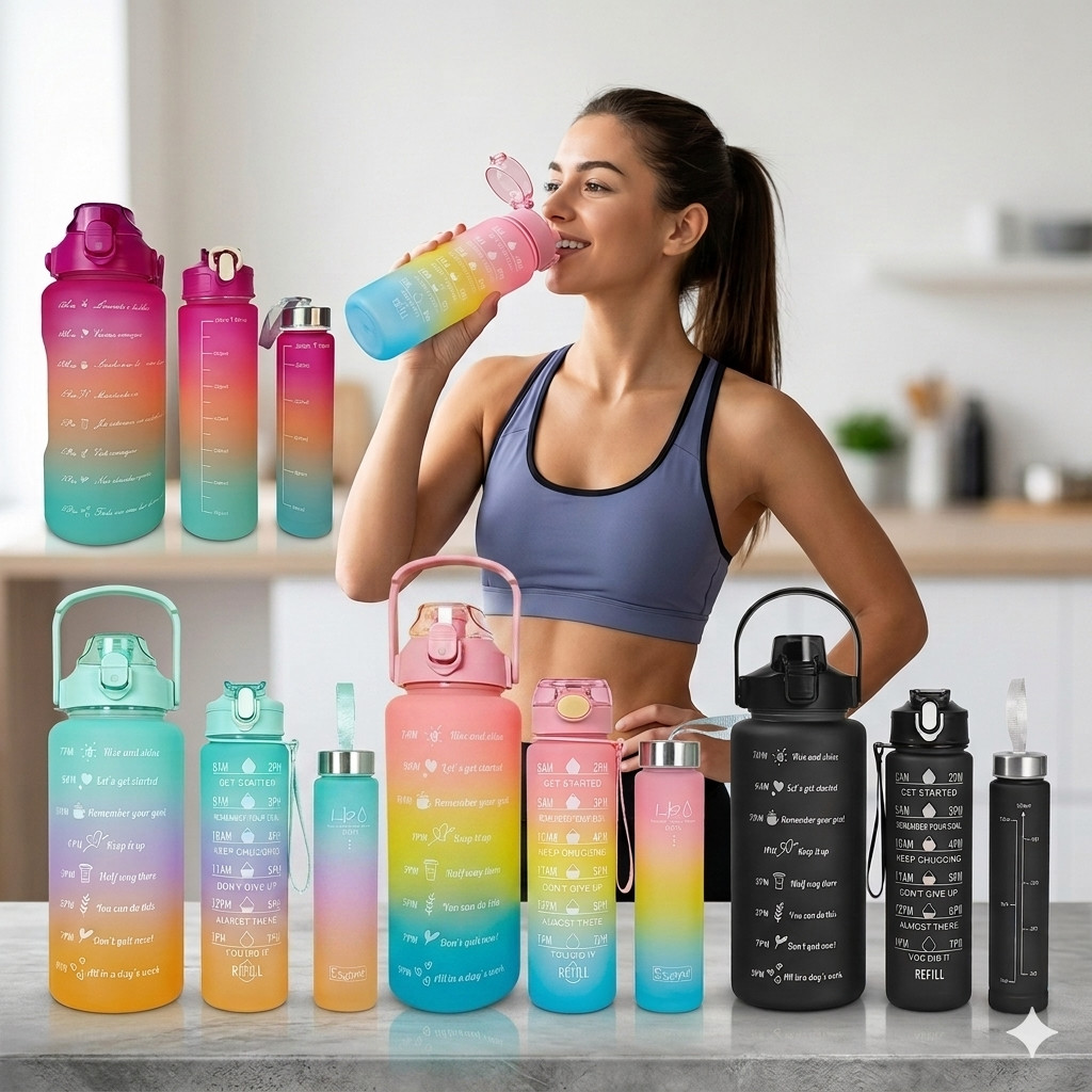 Garrafas Motivacional Kit 3 garrafinhas Degrade rosa 2L/900mL/300mL academia trabalho viagem