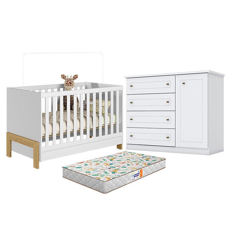 Berço Americano Mini Cama Fantasia Branco Acetinado – Qmovi e Cômoda Infantil Americano Branco HP e Colchão Gazin - Henn