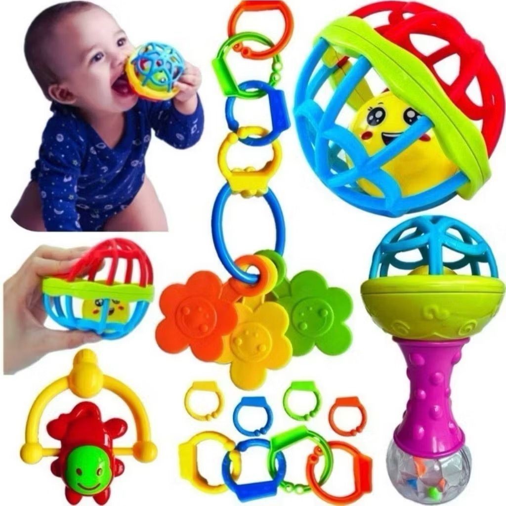 Kit 8 Brinquedos Bebe Chocalho Mordedor Silicone Macio Com Bola Colorida Para Meninas/Meninos Móbile