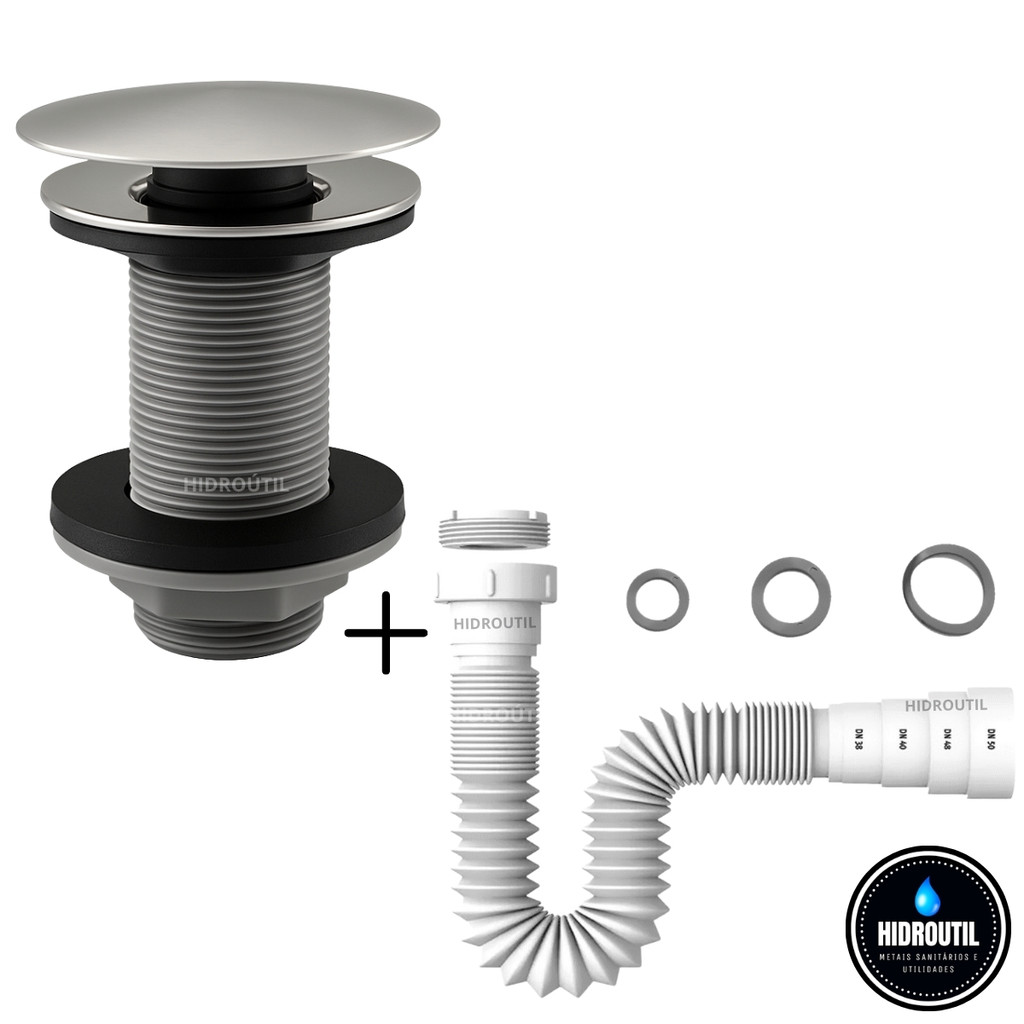 Kit Válvula Click Inteligente Botão Inox Cromado Lavatório Cuba Sifão Universal