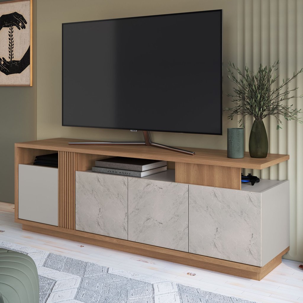 Rack Ripado para TV até 80 Polegadas 180cm com Detalhe e 3 Portas Marmorizadas Roma Bege