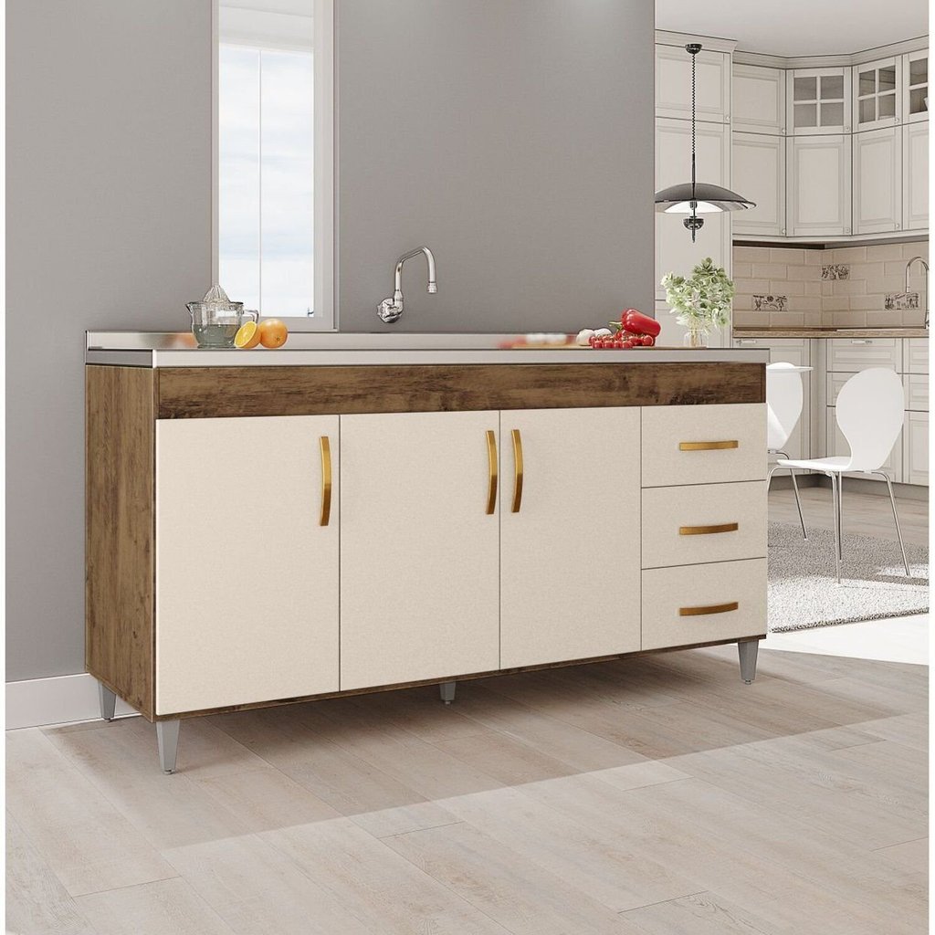 Balcão Gabinete de Pia sem Tampo Luana 158cm x 80cm x 51cm Marrom/Canela/Off White