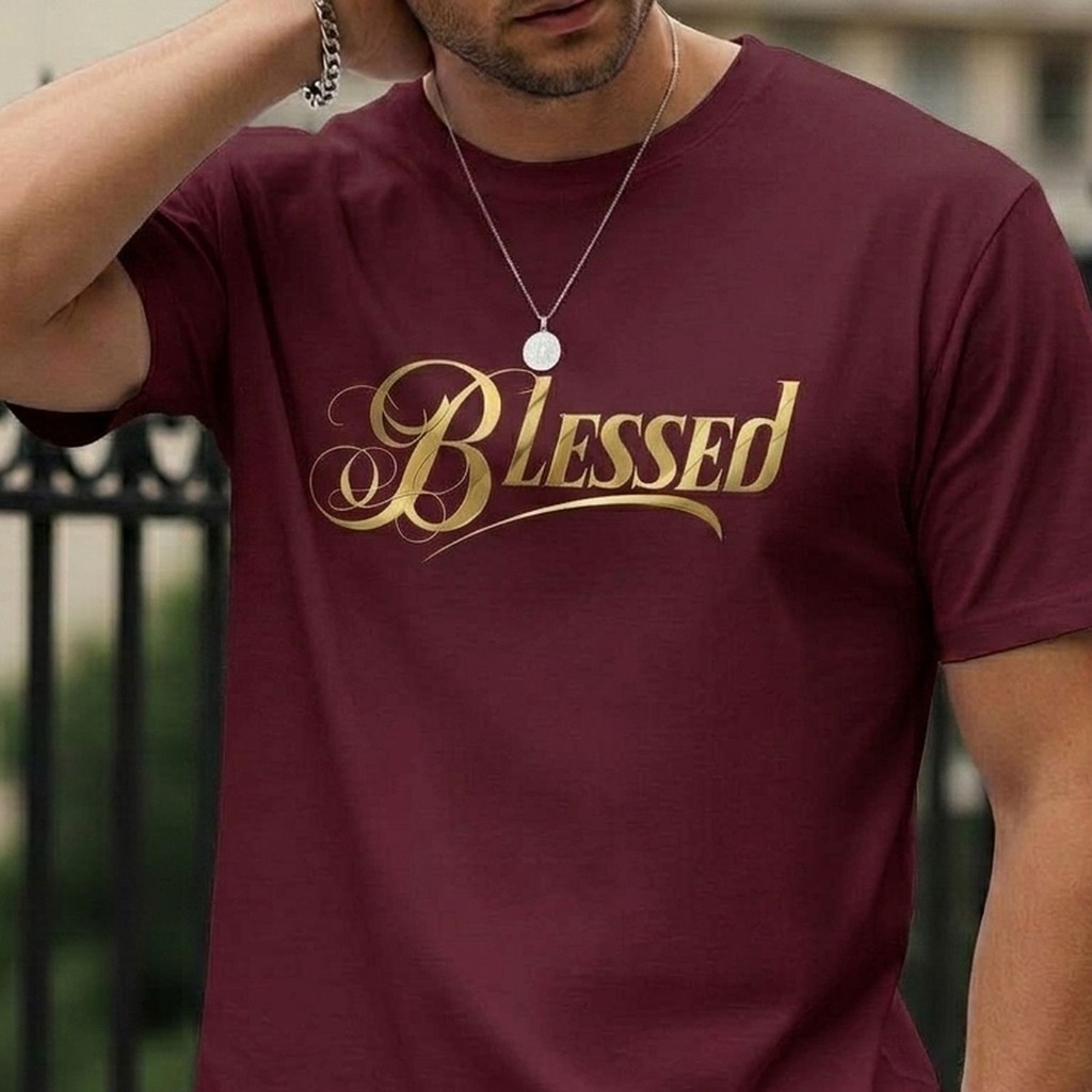 Camiseta Básica Casual Masculina Estampada Blessed Dourado Estiloso Premium Academia Treino Presente