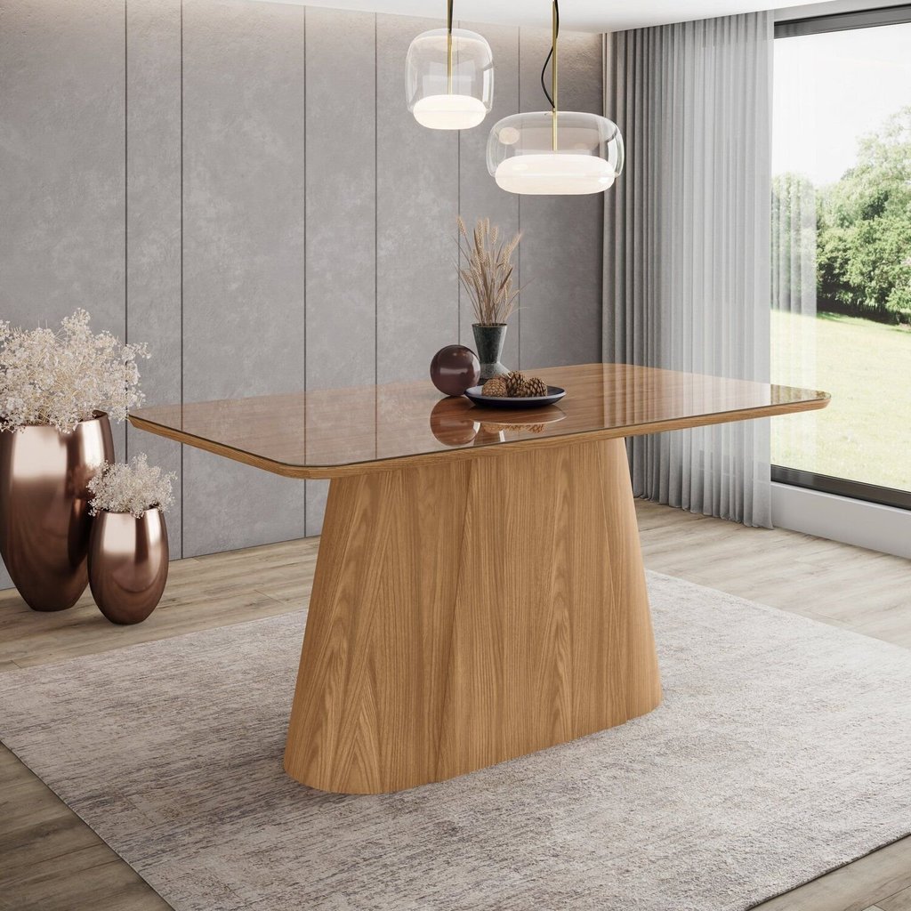 Mesa Olívia para 6 Lugares Tampo 160cm com Vidro Canto Arredondado Marrom/Nature Nature