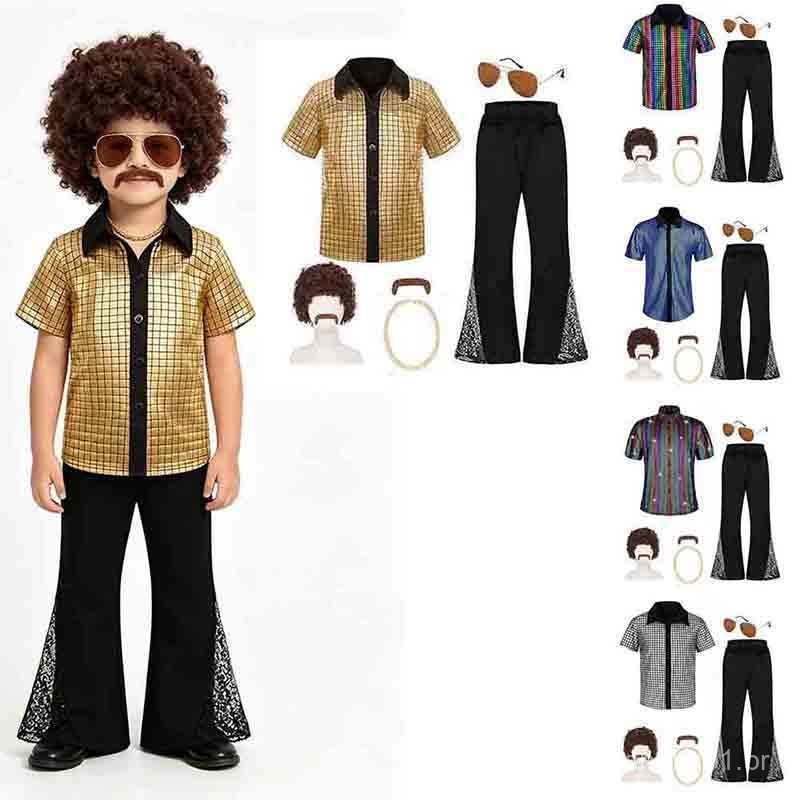 Novo Conjunto de 6 Peças para Crianças Estilo Disco dos Anos 70 - Calças Boca de Sino Retrô, Camisa de Manga Curta, Peru