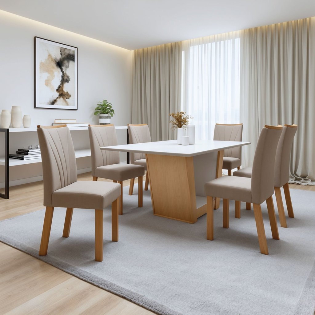 Conjunto Sala de Jantar 6 Lugares Retangular Tampo MDF Mesa e Cadeiras Apogeu Amêndoa Clean/Off White/Naturale Creme