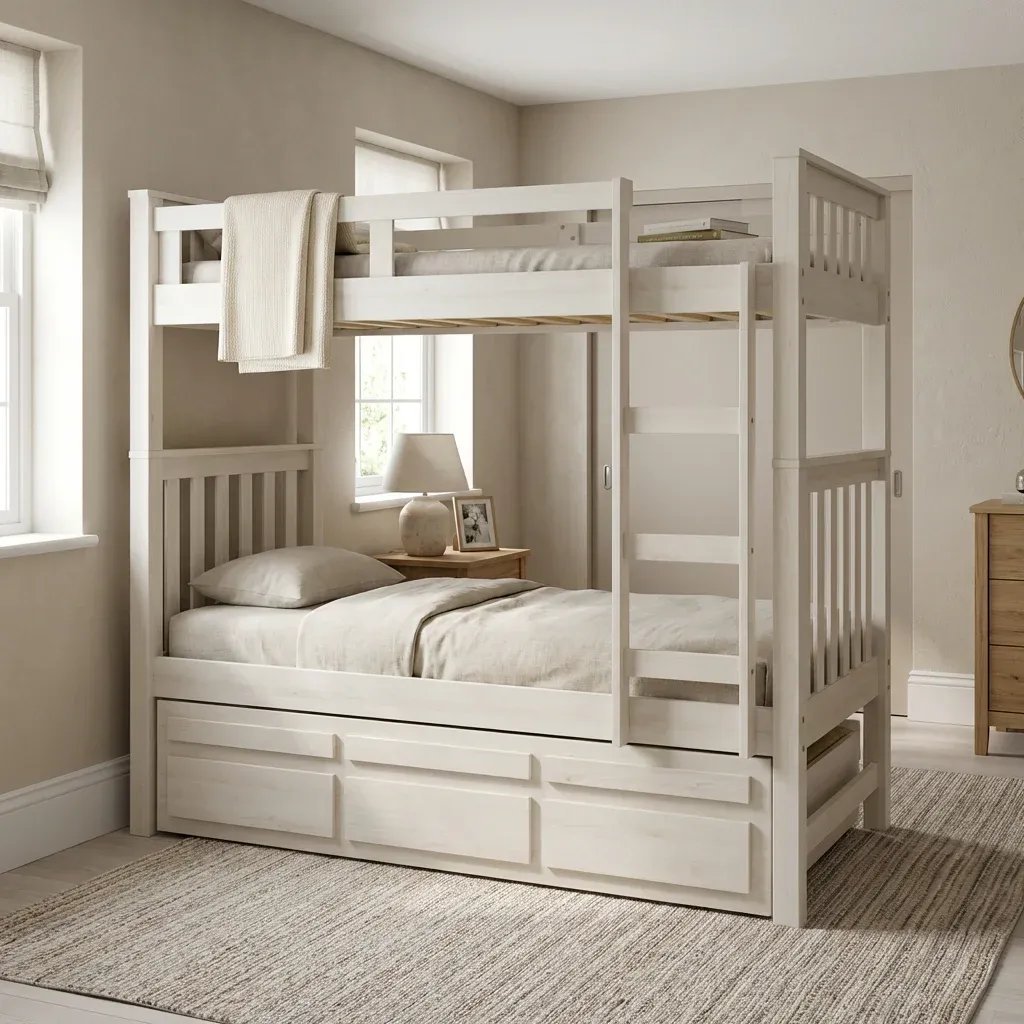 Treliche Solteiro Madeira Maciça com Cama Auxiliar e 3 Gavetas Branco Lavado Branco Lavado