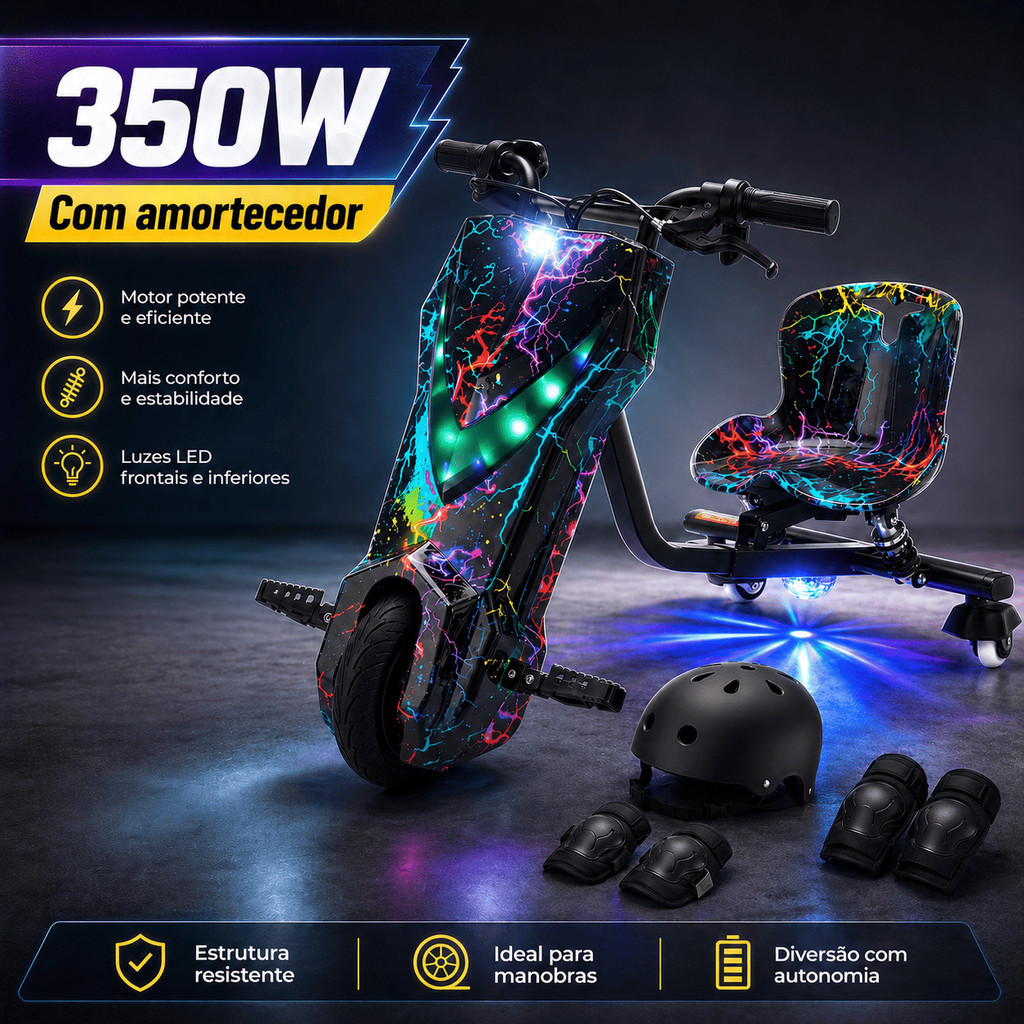 Triciclo Elétrico Drift Infantil 350W 8' Polegadas Bluetooth LED 3 Velocidades Suporta 100kg Proteção Patinete Mola
