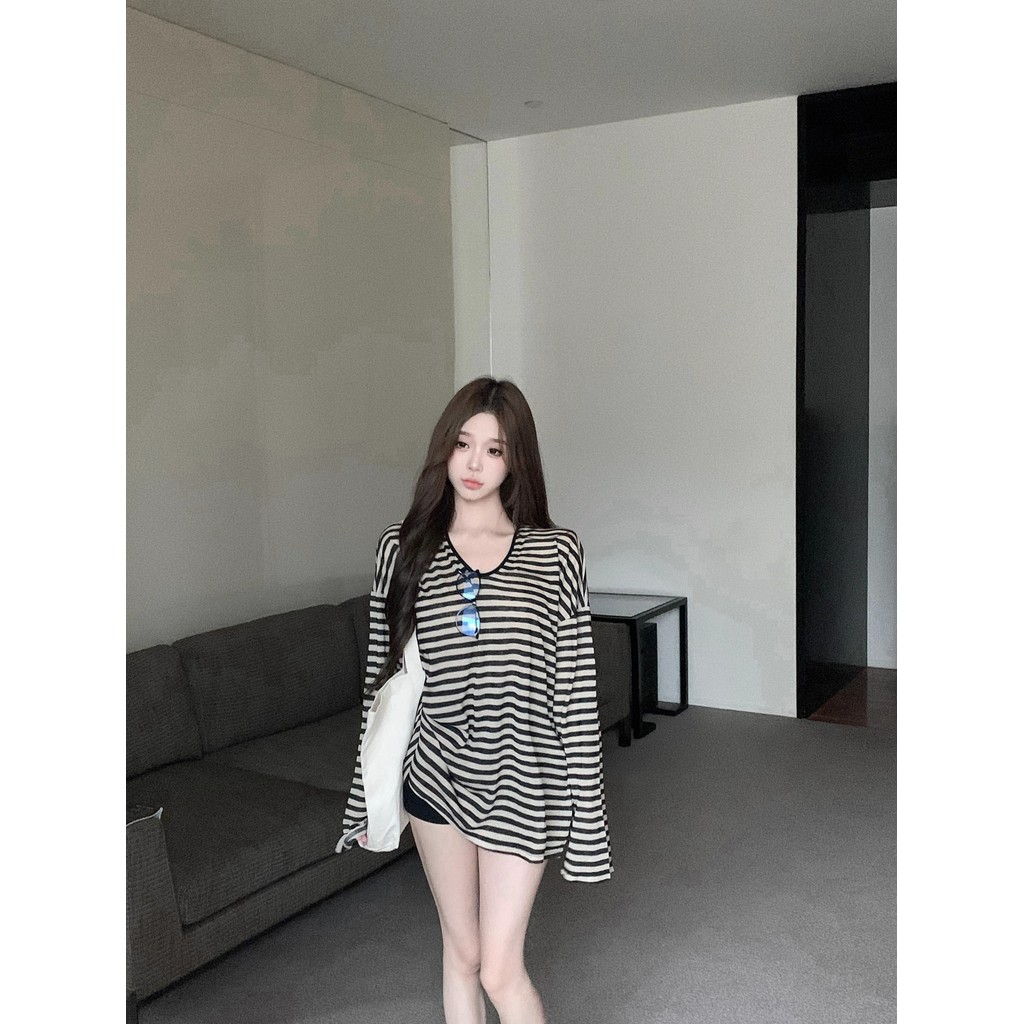 Estilo preguiçoso Retro listrado protetor solar de manga comprida camiseta feminina verão versão coreana novo estilo sol