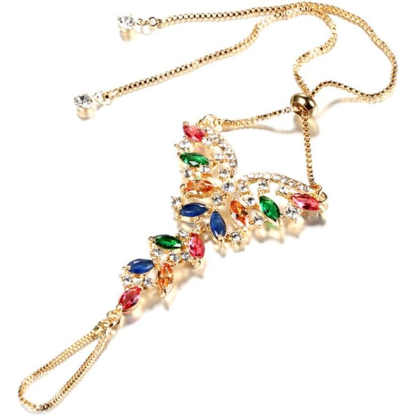 Dtja Anel de Dedo Borboleta Boho para Mulheres, Pulseira Colorida de Zircônia Cúbica, Corrente de Mão Estilo Slave, Brac