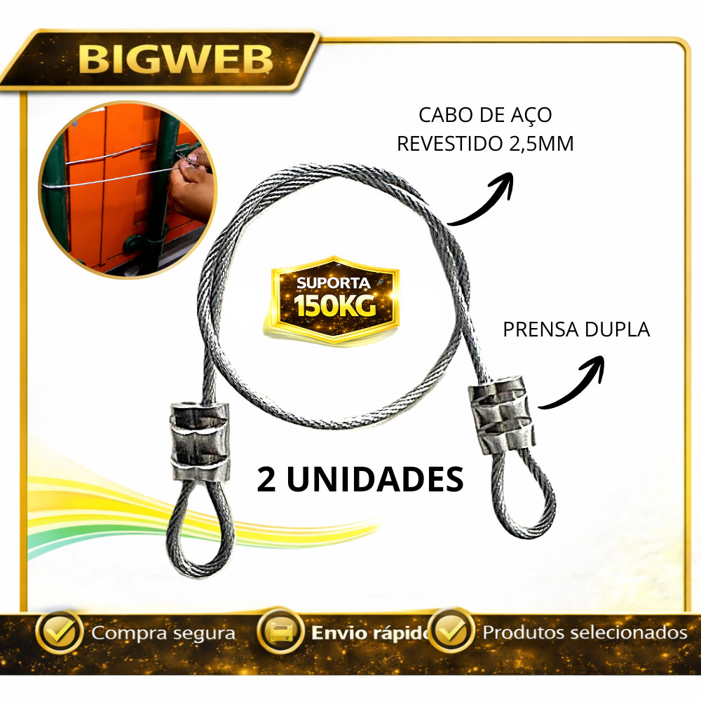 2 Lacre de Segurança Cabo Aço revestido 1 / 1,5 / 2 / 2,5 ou 3 metros Suporta 150kg Mala Malote Viagem Trava Fecho