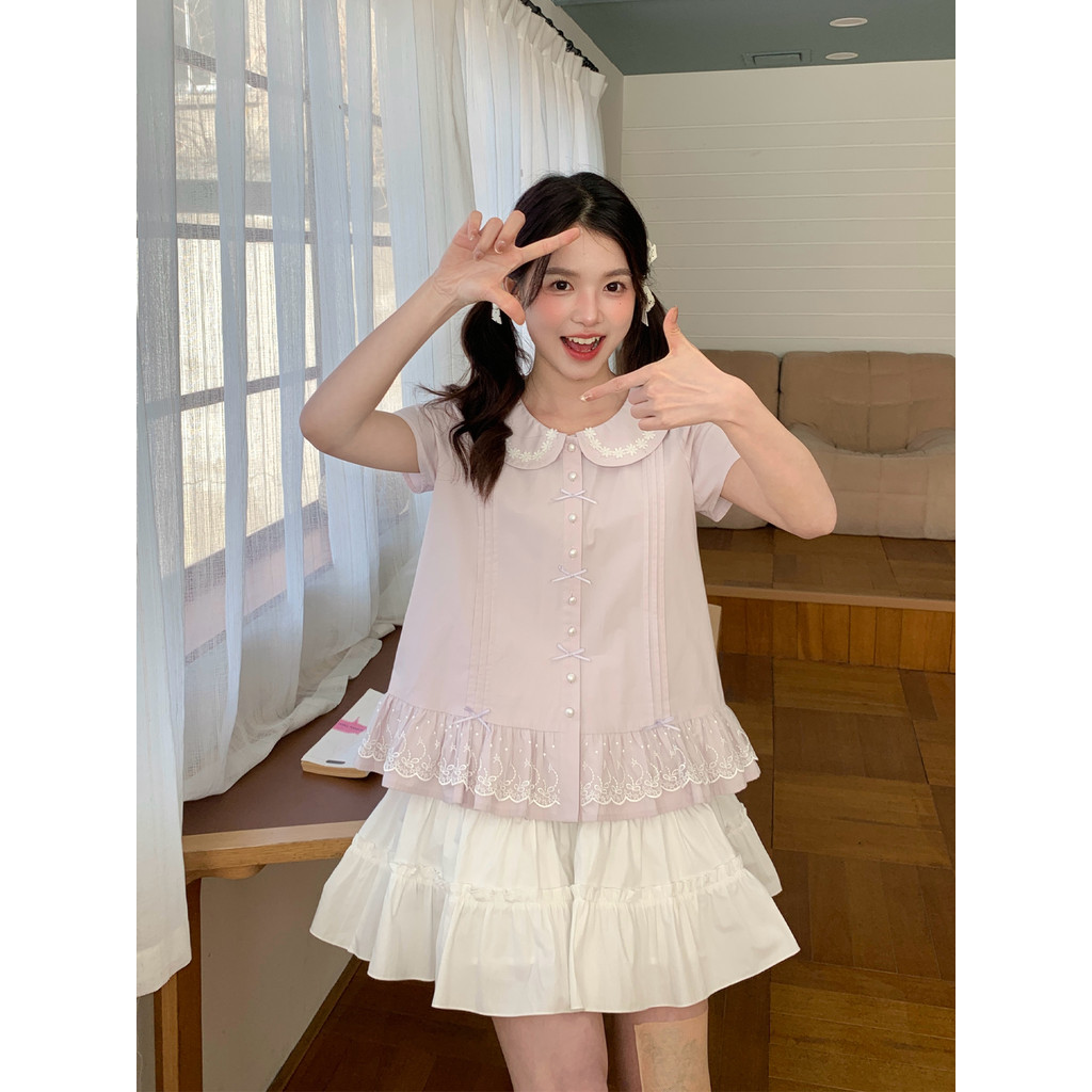 Tokyo Year-Old Times jk Verão Novo Estilo Boneca Gola Bordada Camisa de Manga Curta Feminina Bonito Doce Taro Purp