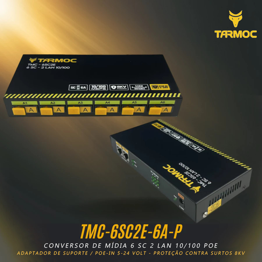 Tarmoc TMC-6SC2E-6A-P Conversor de Mídia Fibra Óptica Switch 6 SC 2 LAN / 6 FO 2 LAN 10/100 POE IN 5-24 Volts