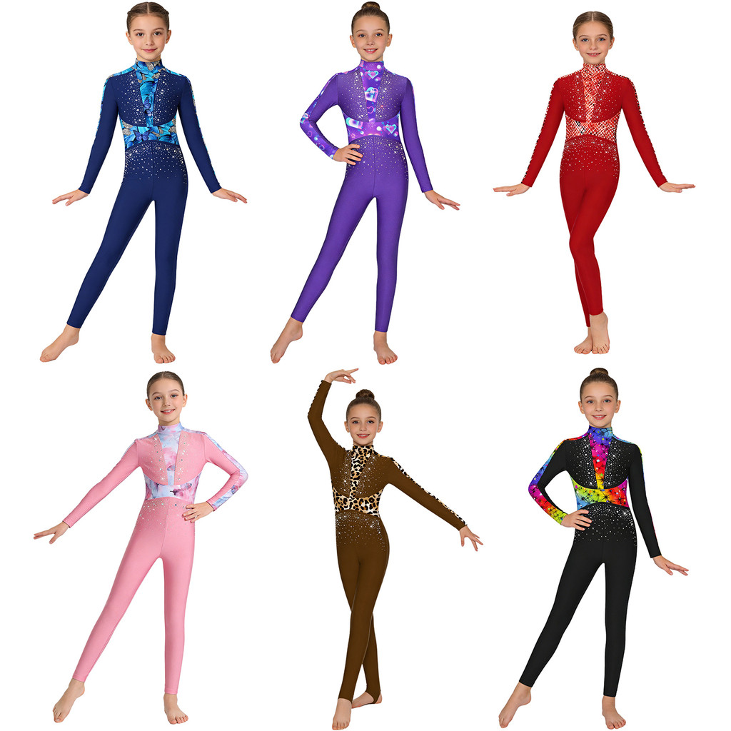 Yeahdor Collant De Ginástica Para Meninas Manga Comprida Lantejoulas Brilhantes Strass Costas Zíper Invisível Corpo Inte
