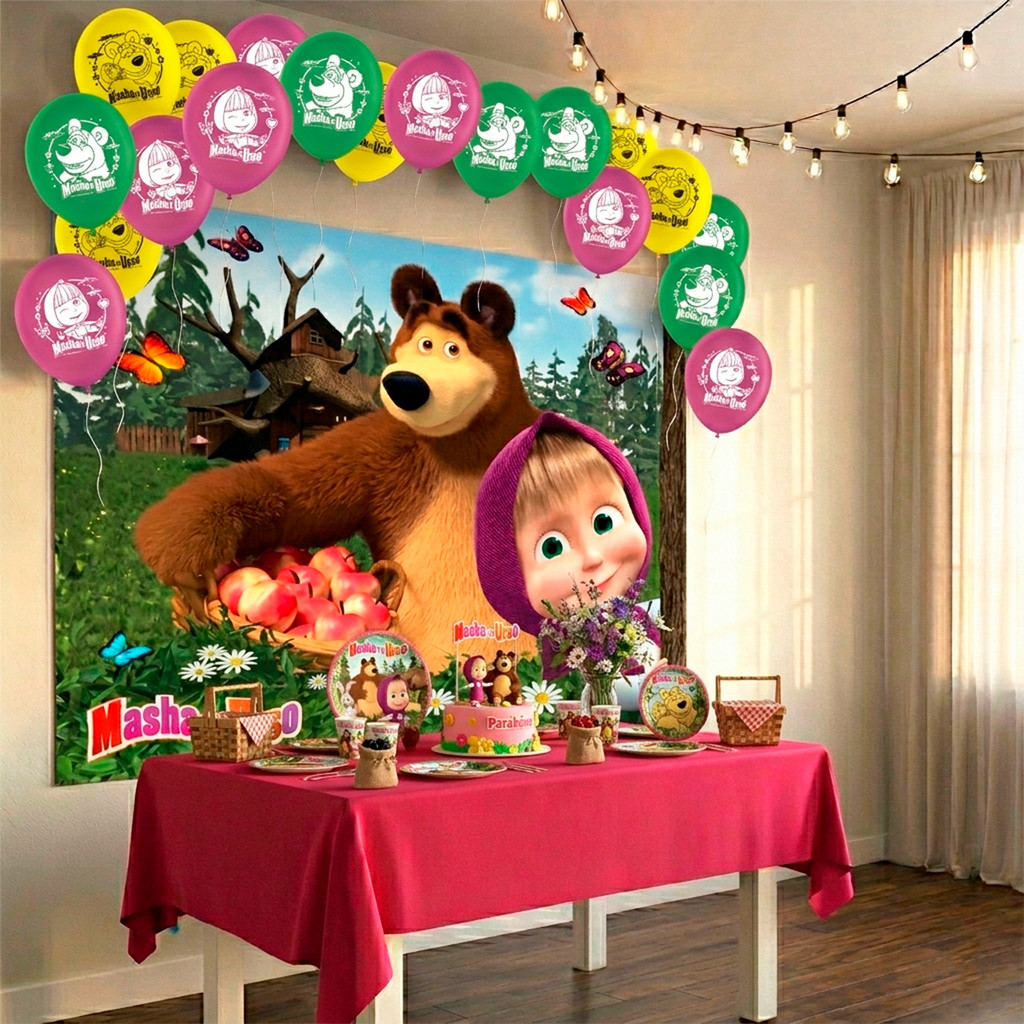 Kit Festa Masha e o Urso Decoração aniversário Toalha+Balões+Painel