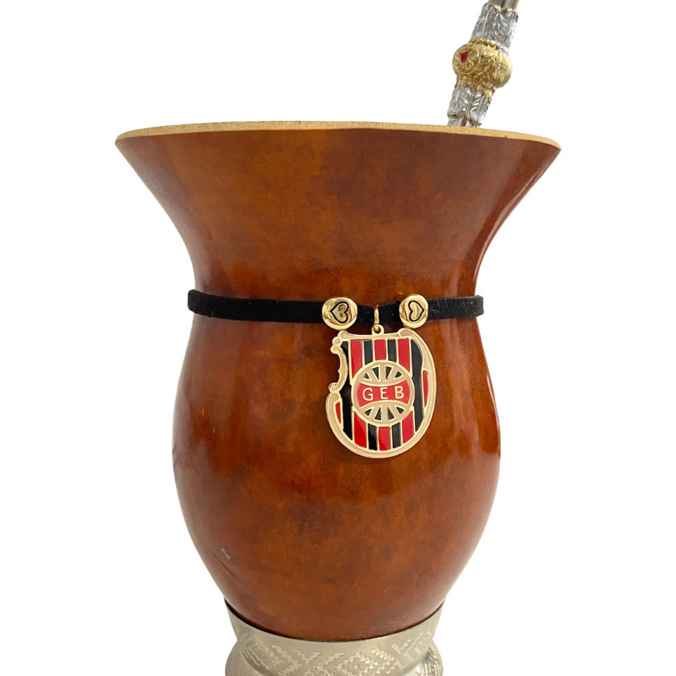 Pulseira / choker para cuia de chimarrão em camurça preta com pingente do Grêmio Esportivo Brasil de Pelotas