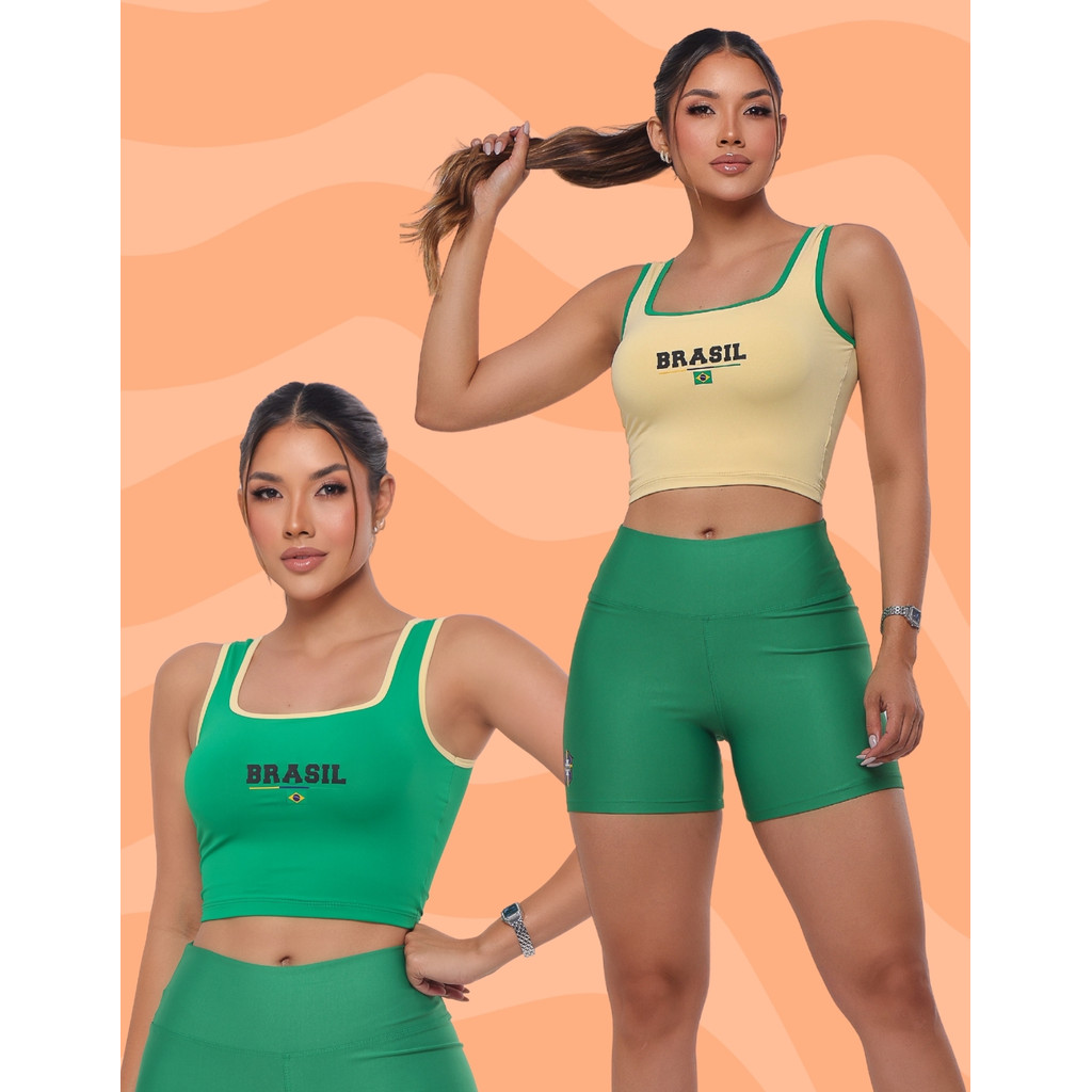 Kit 3 Peças Fitness 1 Bermuda e 2 Croppeds Brasil Conjunto Copa Academia Treino