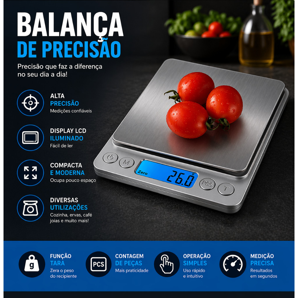 Balança de Precisão 0,1g até 2kg Digital para Cozinha Compacta NV