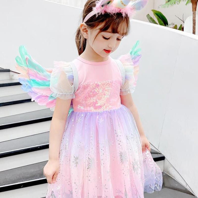 Estoque pronto frete grátis vestido infantil natal roupas infantis elsa vestido de princesa meninas arco-íris unicórnio