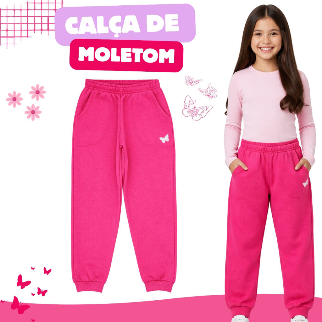 Calça 2 Bolsos Infantil Feminina Inverno Moletom Peluciado Grosso Quentinha Confortável