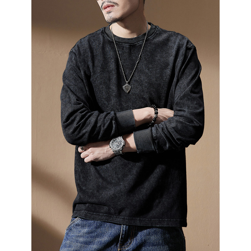 300g americano fermentação pesada lavado angustiado manga comprida camiseta masculina primavera outono Street Wear Retro