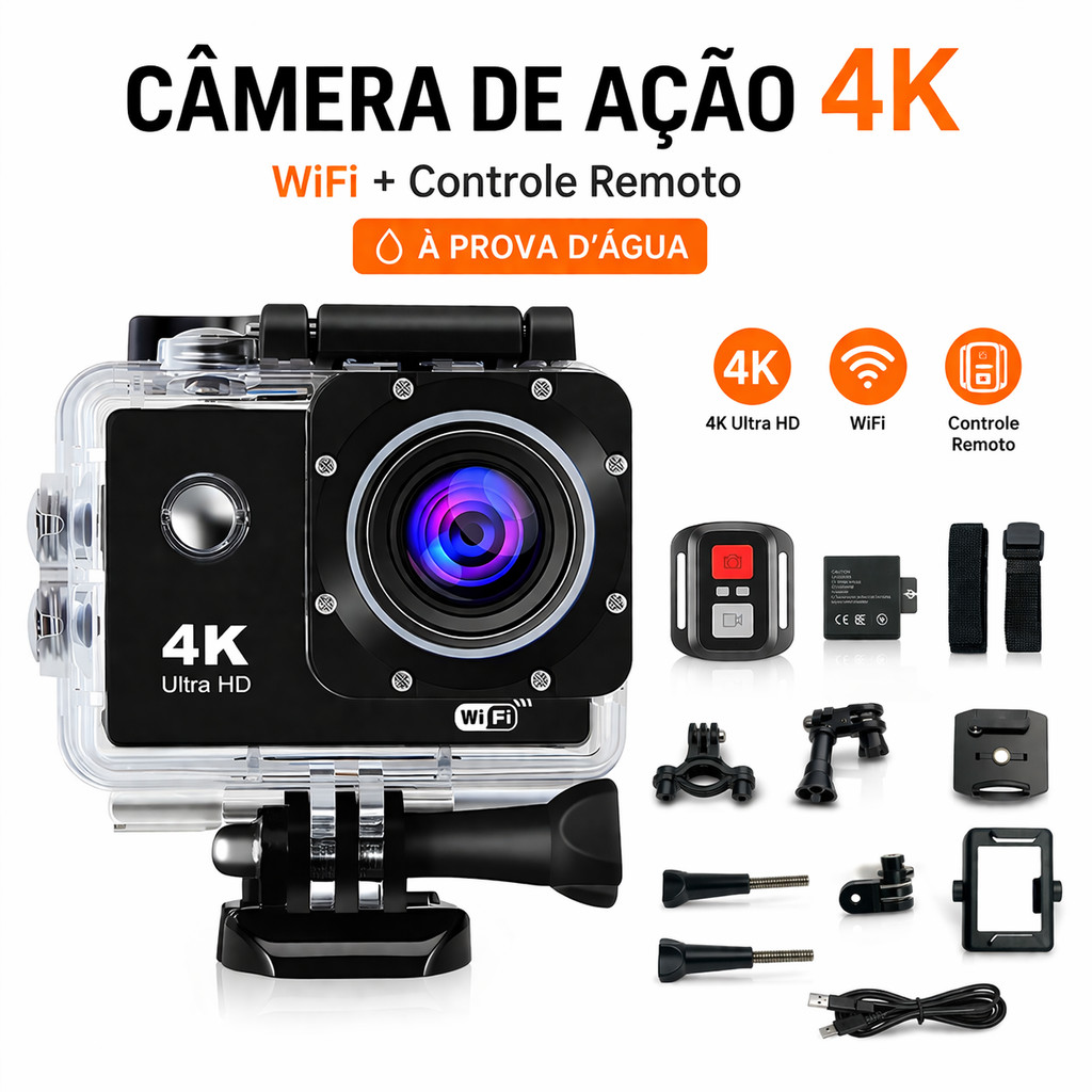 Câmera de Ação 4K WiFi à Prova d’Água com Controle Remoto para Esportes e Viagens