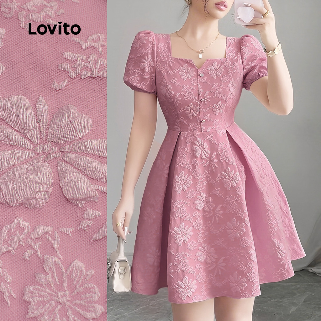 Lovito Vestido Elegante de Jacquard com Botões e Plissado Primavera/verão rosa L138ED340