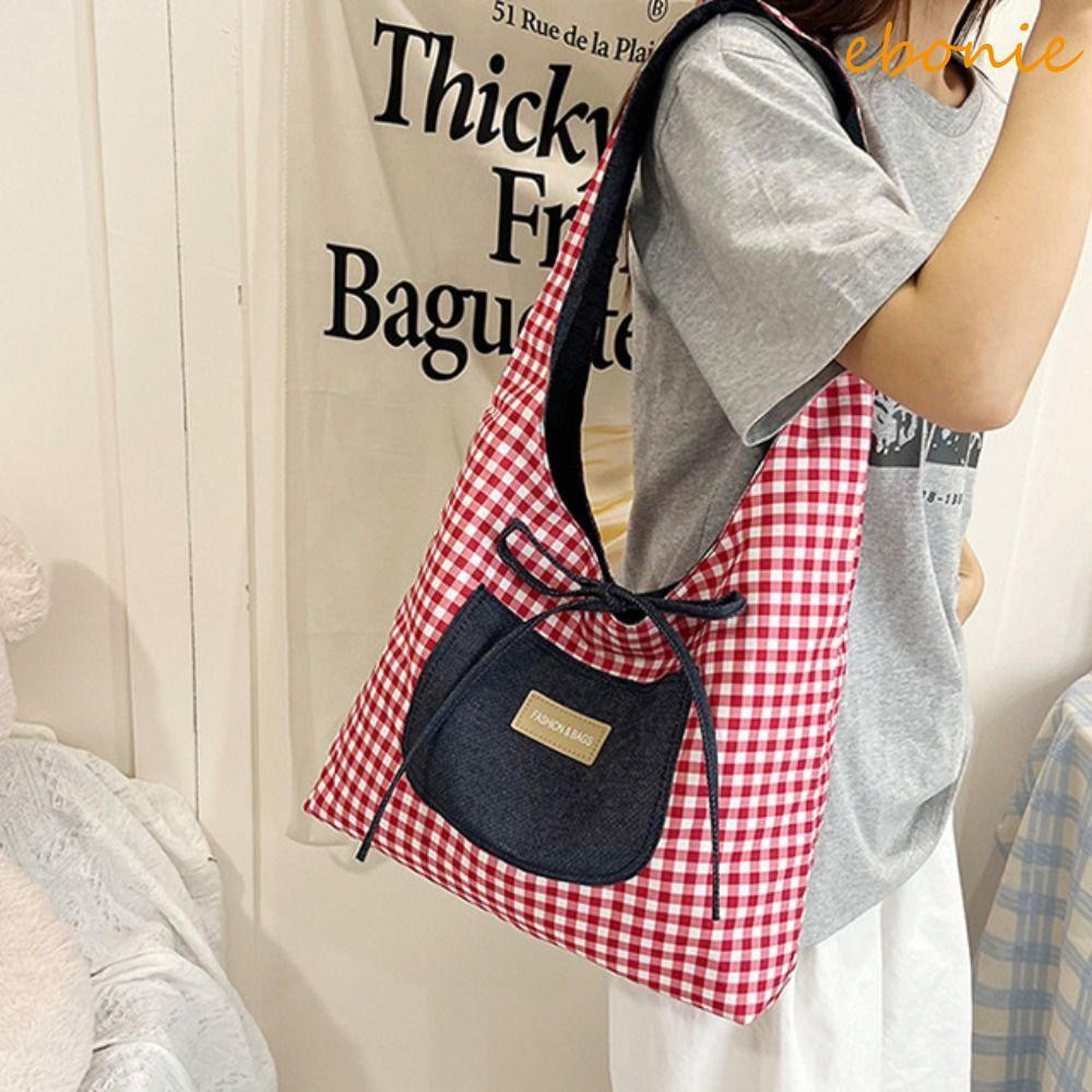 EBONIE Bolsa De Colete Jeans Xadrez Dupla Face , Ombro Com Treliça De Tecido , Sacola De Lona Para Deslocamento