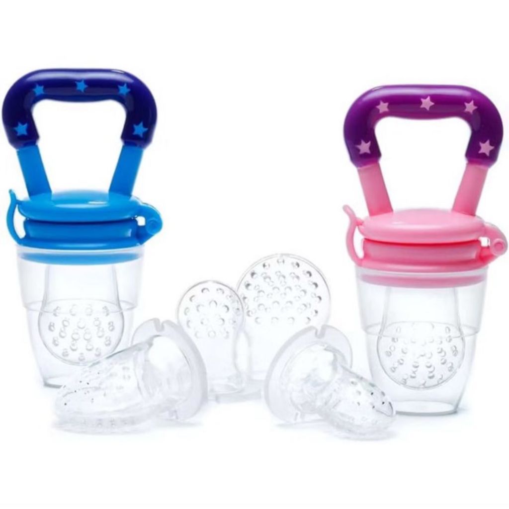 Chupeta Mordedor Porta Fruta Bebê Silicone Alimentadora Azul Rosa