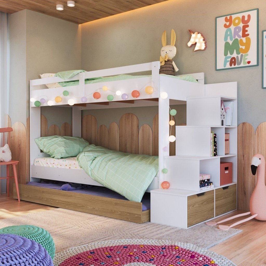 Treliche Infantil com Cama Auxiliar Escada Nichos e Gavetas Laterais Branco/Aveiro Oak Branco/Aveiro Oak