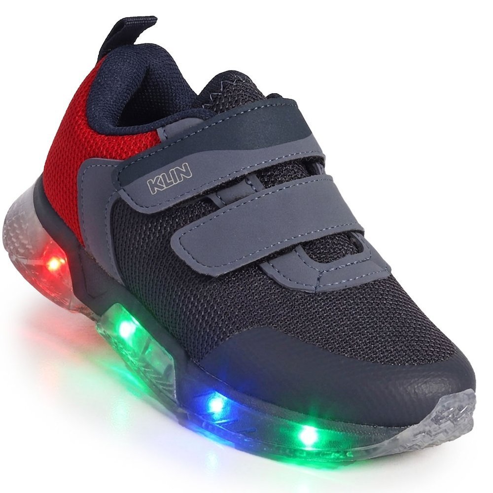 Tênis Infantil Klin Light Menino com LED e Tira Dupla Aderente - Marinho/Vermelh