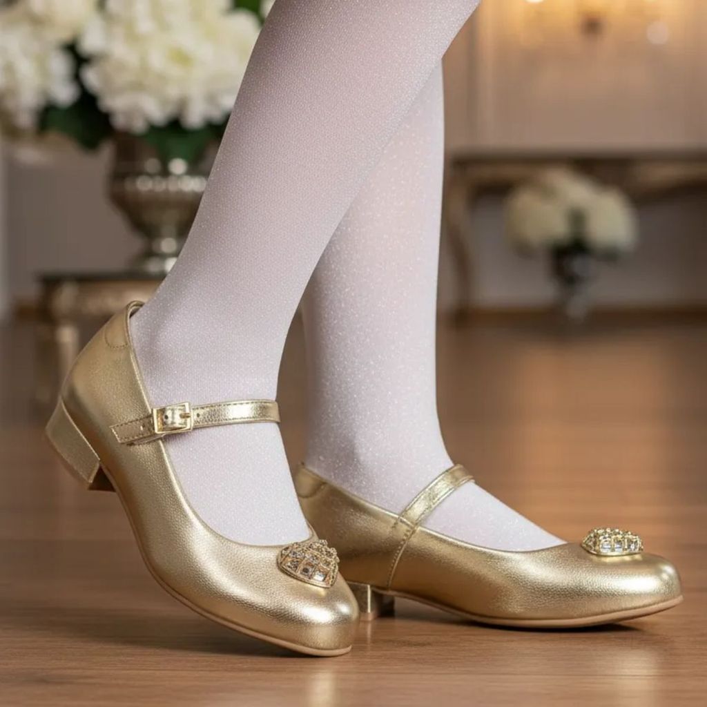 Sapato social Boneca Infantil Feminino Salto Sapatilha Molekinha saltinho festa metalizado dourado