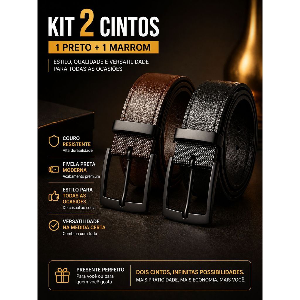 kit 2 cintos masculinos com fivela preta luxo um marrom um preto