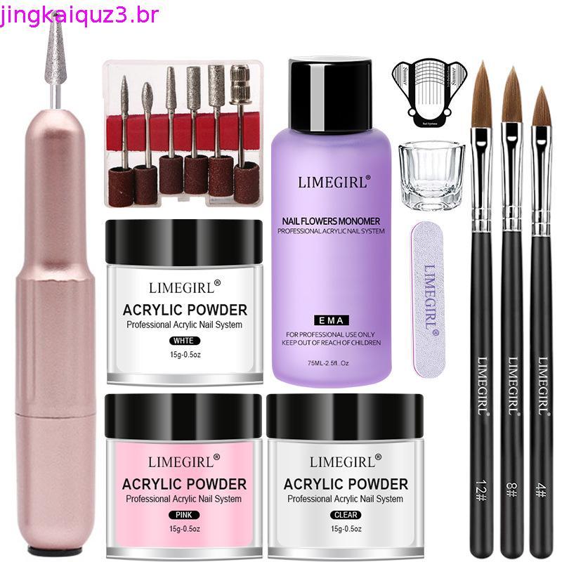 LIMEGIRL Kit De Pó Acrílico E Líquido Para Unhas , Sem Necessidade De Lâmpada UV , Conjunto De Extensão De Cristal Trans