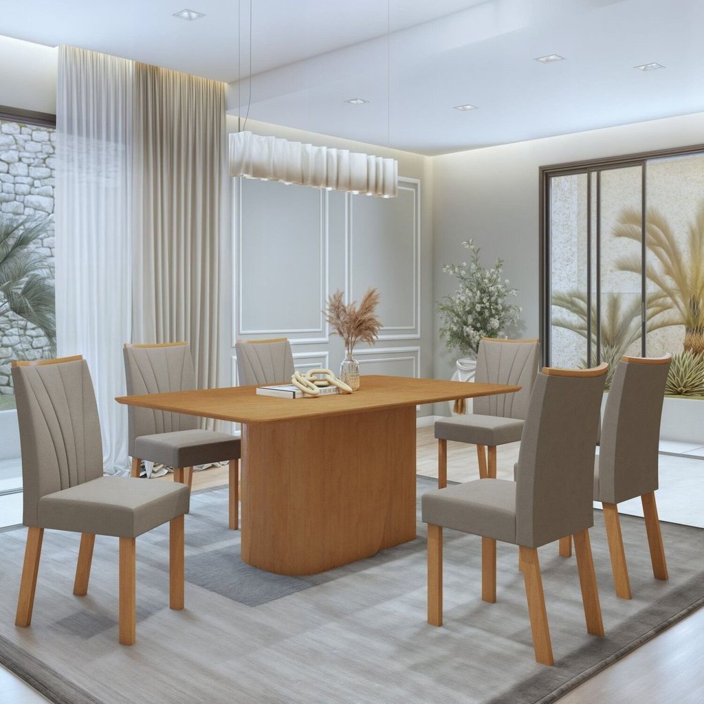 Conjunto Sala de Jantar 6 Lugares Retangular Tampo MDF No Glass Mesa Luar com Cadeiras Apogeu Amêndoa Clean/Veludo Liso