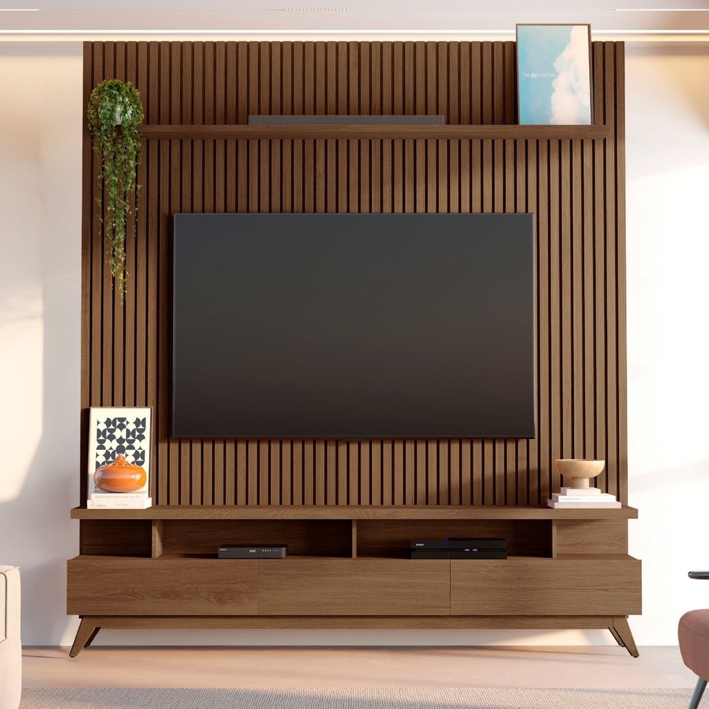 Rack com Painel Ripado para TV até 72 Polegadas 100% MDF 185,5cmx250cm Yucca CabeCasa MadeiraOriginals Marrom Cedro