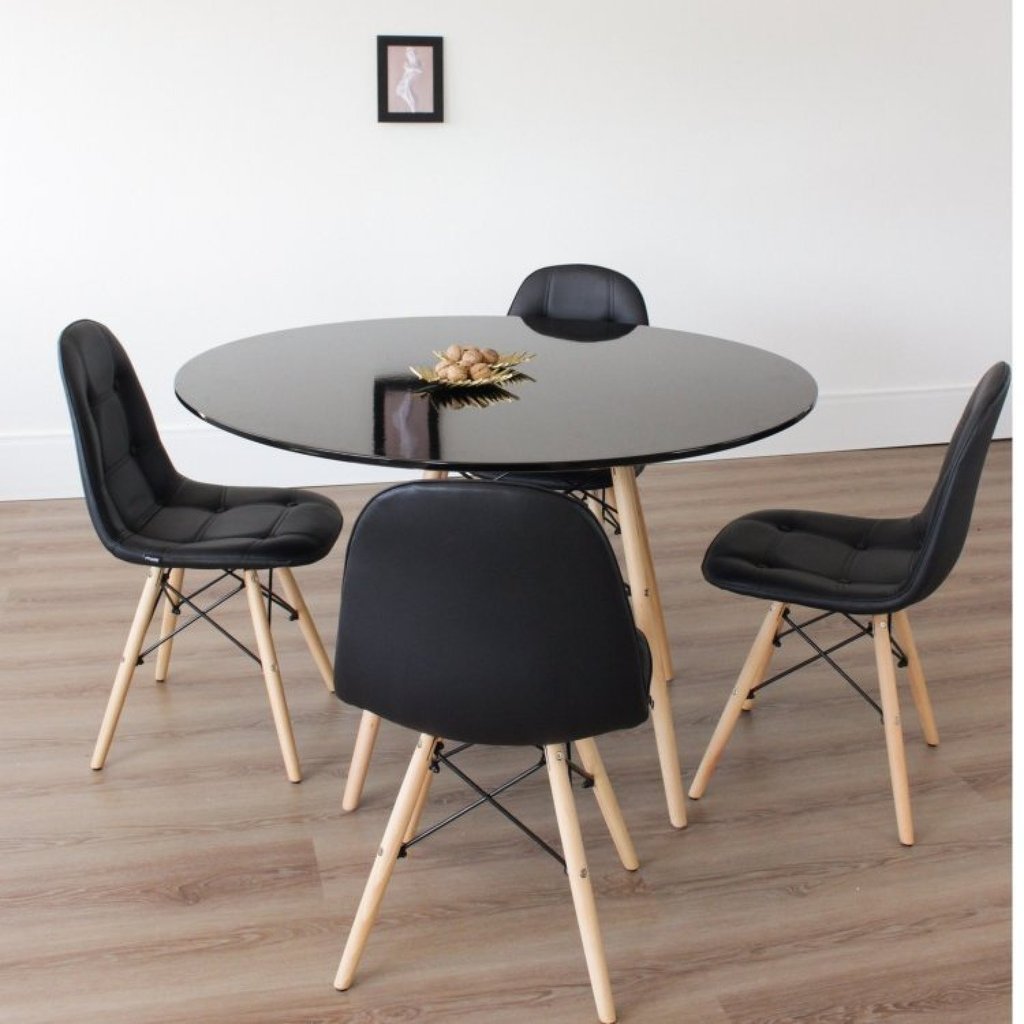 Conjunto Sala de Jantar Mesa Eiffel 120x75cm Tampo MDF Preto com 4 Cadeiras Eiffel Botonê  Preto