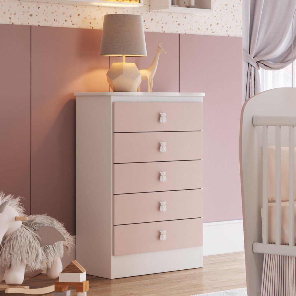 Cômoda de Bebê 5 Gavetas  Branco/Rosa