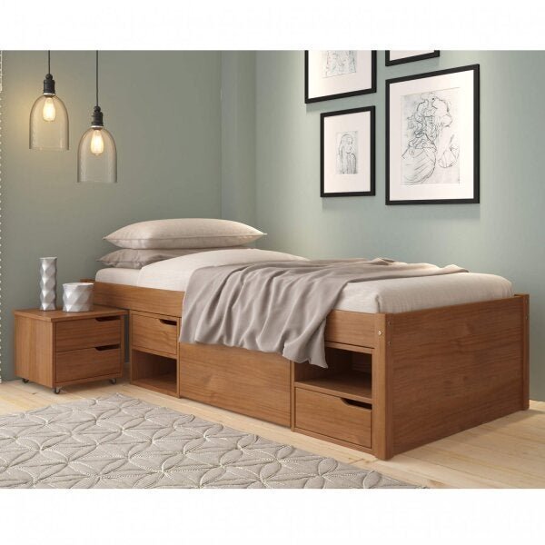 Cama Solteiro com 3 Gavetas e 1 Mesa de Cabeceira Charme Marrom/Amendoa Amêndoa