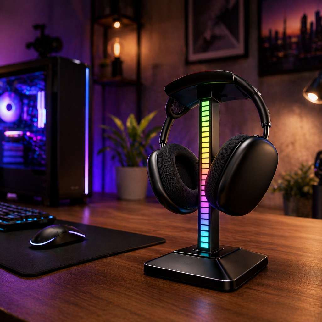 Suporte Headset com Iluminação LED ao Som RGB para Mesa Gamer PC Notebook com 10 Modos de Luz LE-198