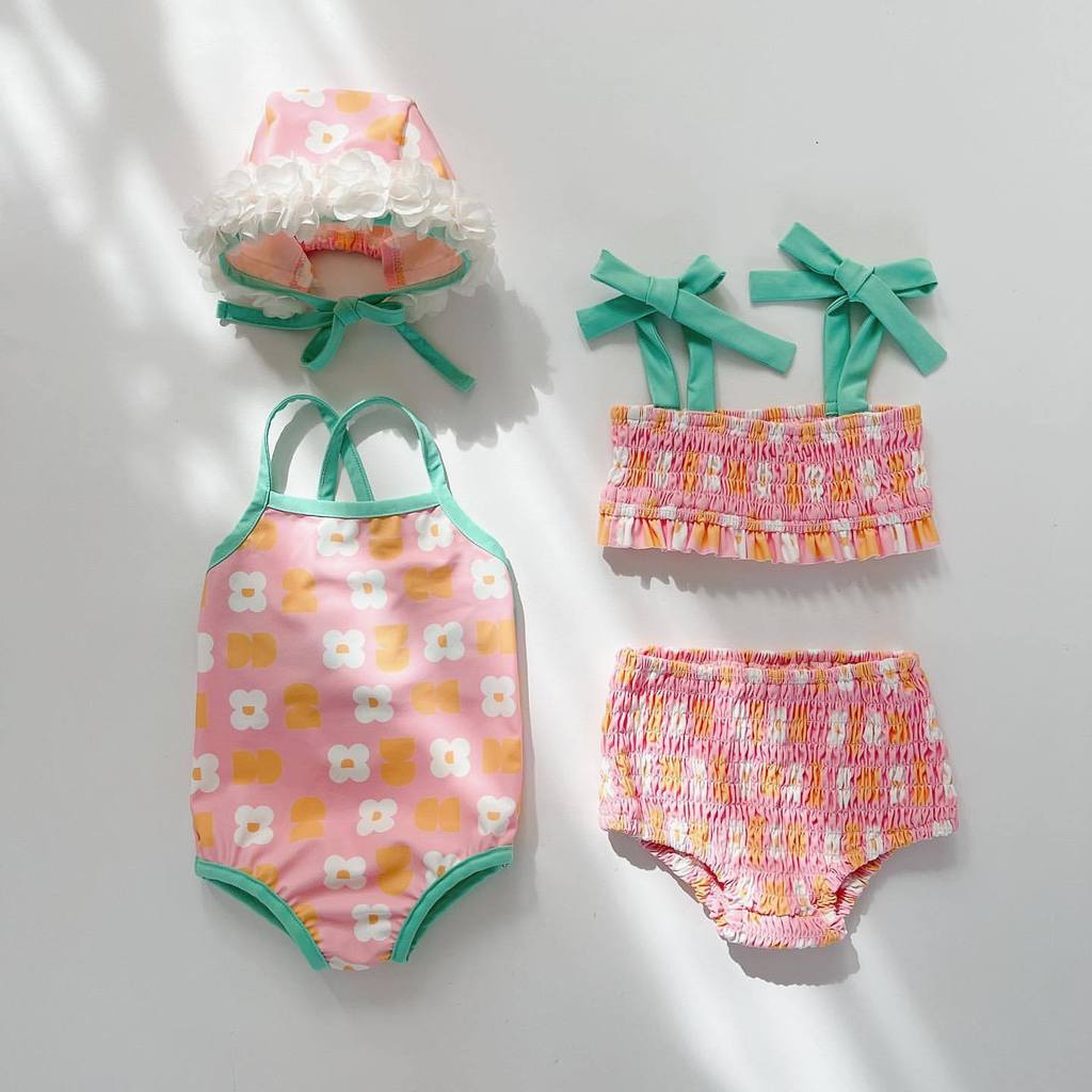 Estoque pronto versão coreana menina bebê flor com capuz maiô de uma peça recém-nascido biquíni dividido maiô de três pe