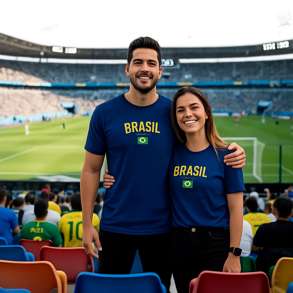 Kit Casal Com 2 Camisetas Estampada Brasil Azul Copa do Mundo Masculina Feminina Unissex em Algodao