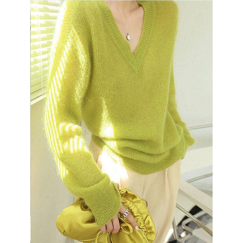 Golpe de produtos Niu X!Estilo preguiçoso com decote em V fluorescente verde Mohair camisola feminina primavera outono 2