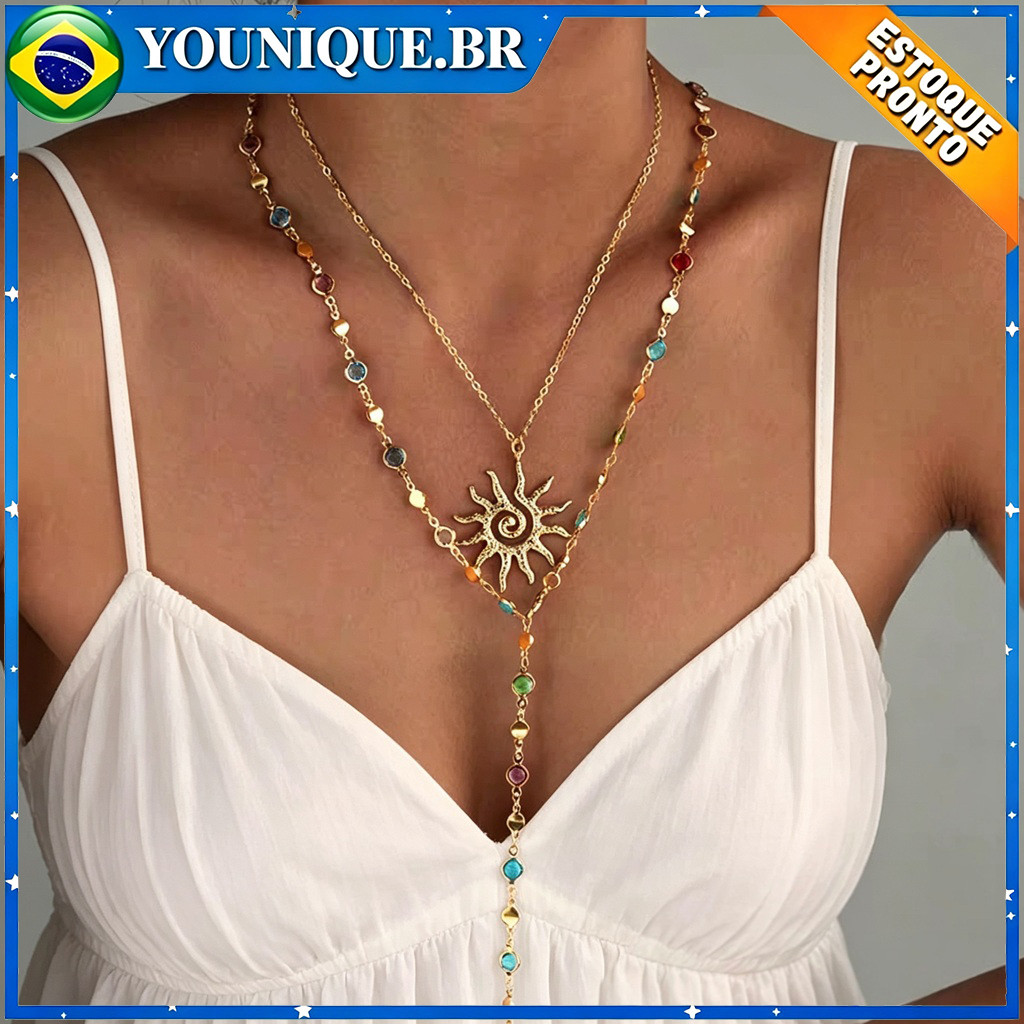 Colar Longo com Pingente de Sol e Borla - Cristal Colorido para Empilhar