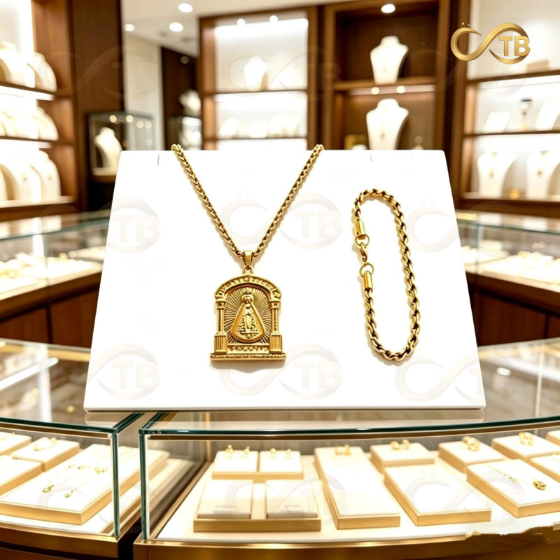 TB  18K ouro religião virgem maria colar unisex pulseira de ouro conjunto moda ouro jóias