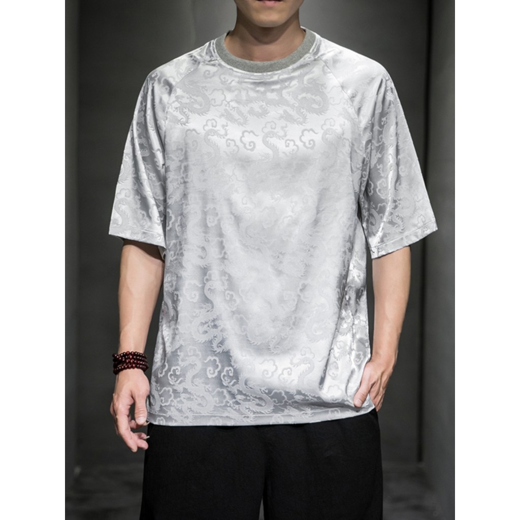 Estilo chinês dragão padrão gelo seda de manga curta masculino Street Wear 2025 novo estilo na moda roupas superiores so