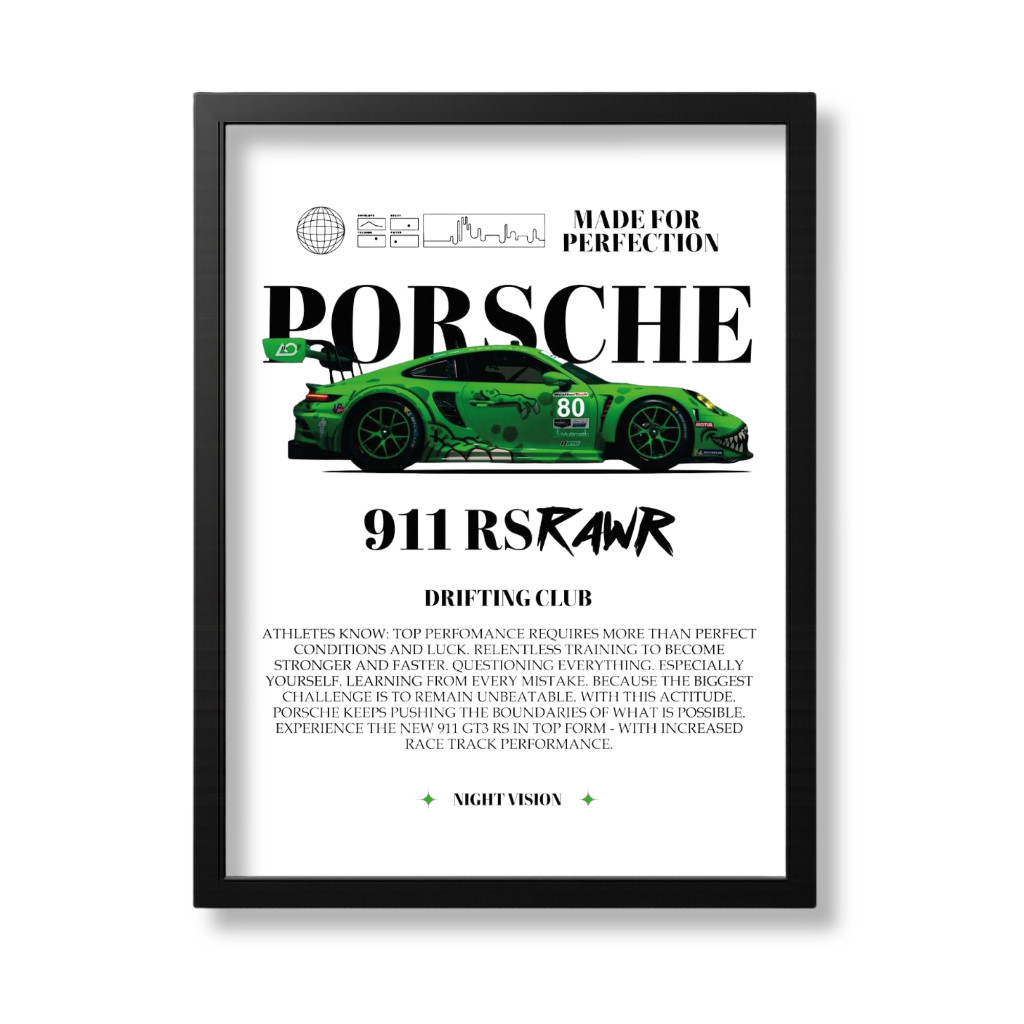 Quadro Carro Esportivo Porsche 911 Varias Cores Poster Decorativo em Alta Definição Tam A4 Com Acetato Design Moderno