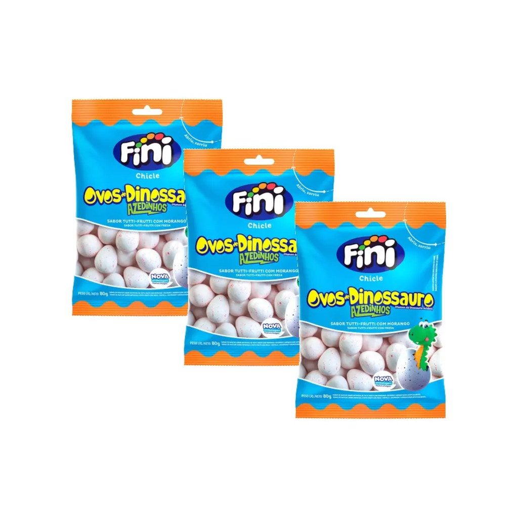 Kit 03 Fini Chicle Ovos de Dinossauro Sabor Tutti-Frutti Com Morango 80g